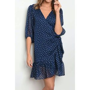 Navy Blue Dotted Ruffle Hem Wrap Dress
